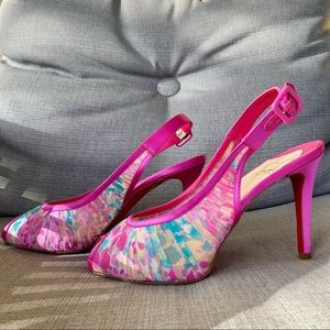 CHRISTIAN LOUBOUTIN Pink Impression Crepe Satin Chiffon Peep Toe Slingback Pumps